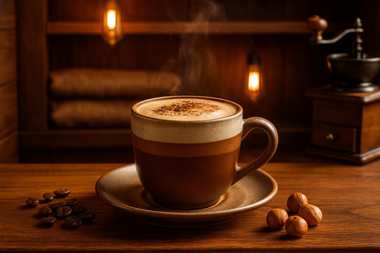 Hazelnut Mocha in a ceramic mug on an oak bar