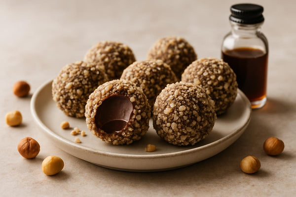 Hazelnut Truffles on a plate, one bitten