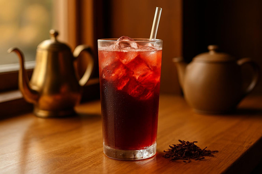 Hibiscus Iced Tea in a glass on an oak café counter