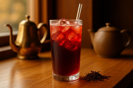 Hibiscus Iced Tea in a glass on an oak café counter