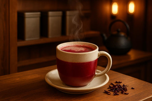 Hibiscus Tea in a ceramic mug on an oak bar