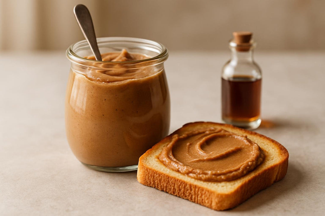 Jar of homemade cookie butter spread with toast