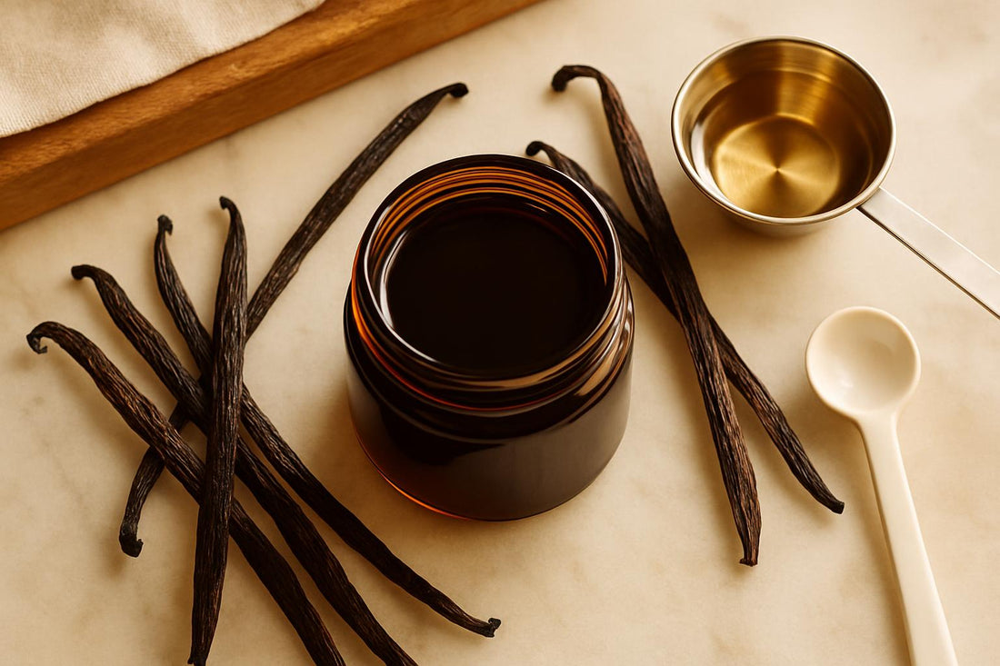 Double-fold vanilla extract in glass jar with split vanilla beans and vodka for homemade extract making