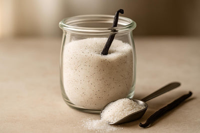 Jar of homemade vanilla sugar speckled with vanilla seeds