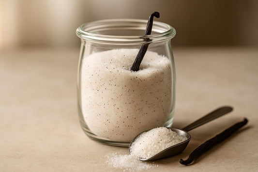 Jar of homemade vanilla sugar speckled with vanilla seeds