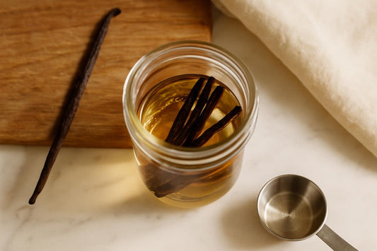 Three split Madagascar vanilla beans resting in a clear glass mason jar with vodka, alongside a whole vanilla bean and a