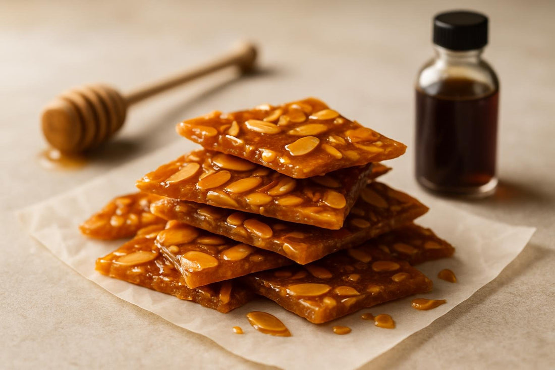 Shards of honey almond brittle on parchment