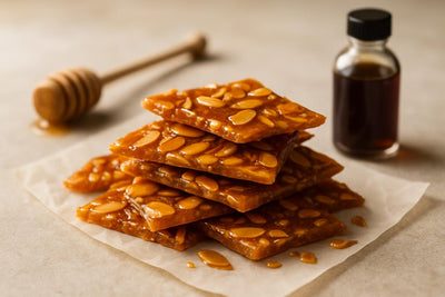 Shards of honey almond brittle on parchment