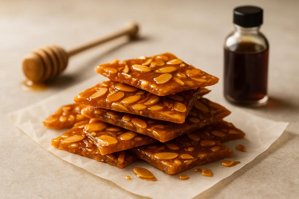 Shards of honey almond brittle on parchment