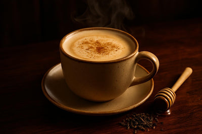Honey Chai Latte in a ceramic mug on an oak bar