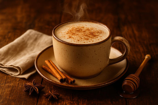 Honey Chai in a ceramic mug on an oak table