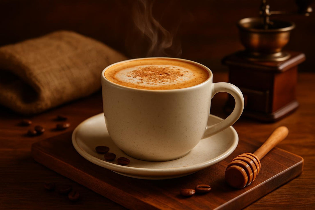 Honey Cinnamon Latte in a ceramic mug on an oak serving board