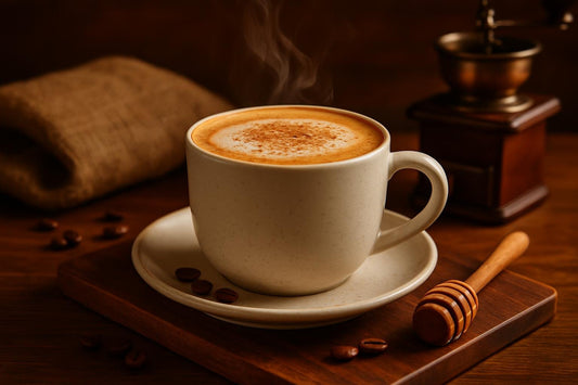 Honey Cinnamon Latte in a ceramic mug on an oak serving board