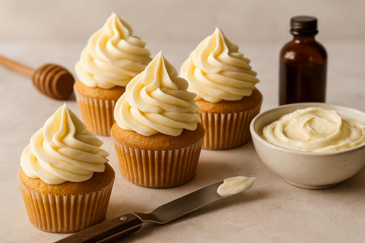 Cupcakes piped with honey cream cheese frosting
