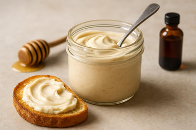 Jar of honey cream cheese spread with toast