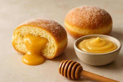 Filled doughnut cut open to show honey custard