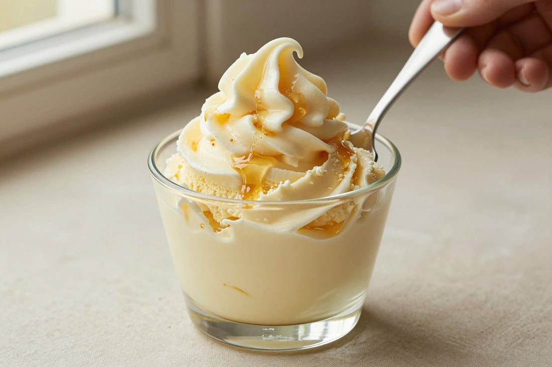 A generous swirl of honey gelato in a small glass cup with a flat gelato spade