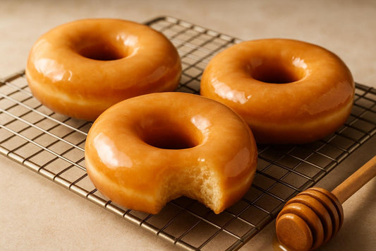 Doughnuts finished with honey glaze on a cooling rack