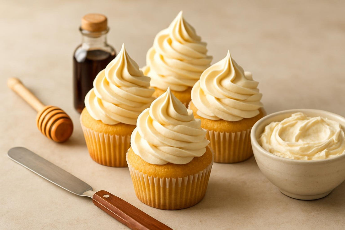 Cupcakes piped with honey Italian meringue buttercream frosting
