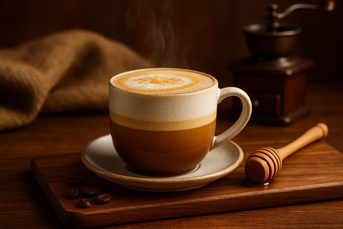 Honey Latte in a ceramic mug on an oak serving board