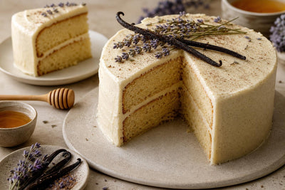 Honey lavender vanilla layer cake made with Mexican vanilla