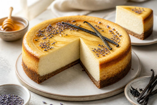 Honey lavender vanilla cheesecake made with Tahitian vanilla