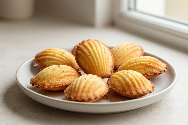 Shell-shaped honey madeleines on a plate, showing their golden humps and ridged sides