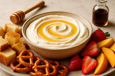 Bowl of honey mascarpone dip with brioche, pretzels and fruit