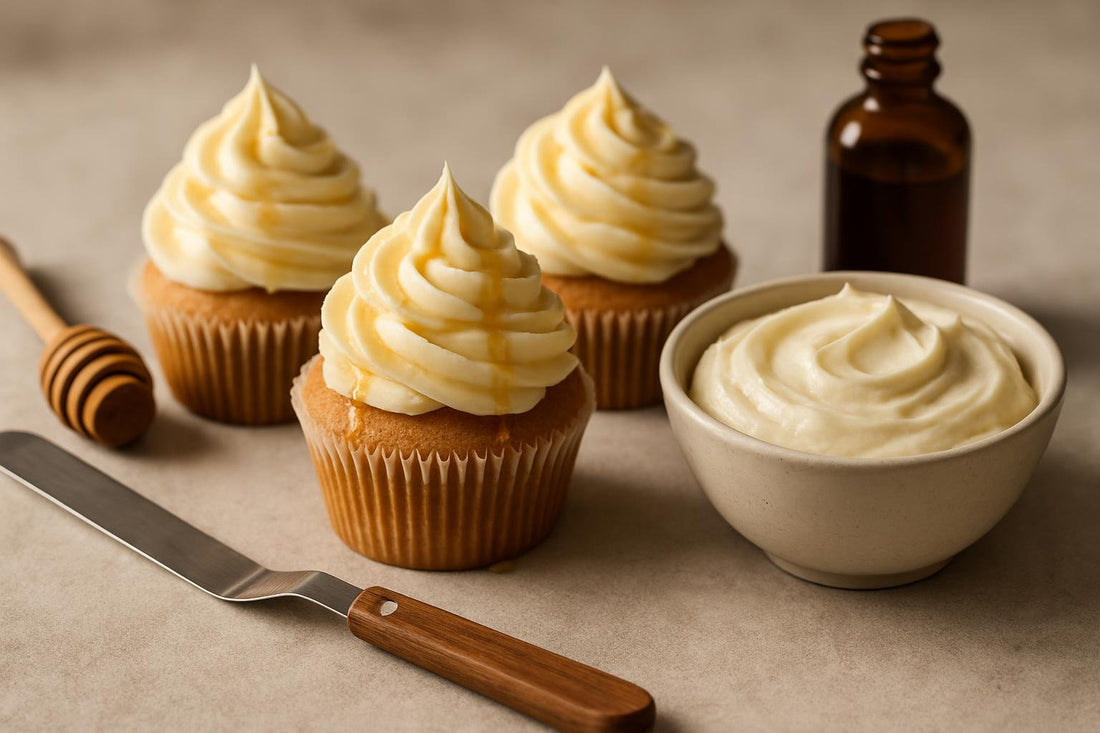 Cupcakes piped with honey mascarpone frosting