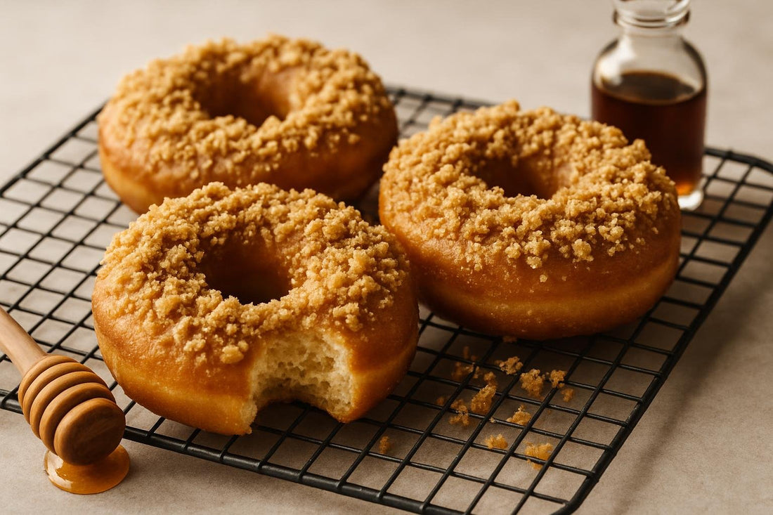 Doughnuts finished with honey oat crumble on a cooling rack