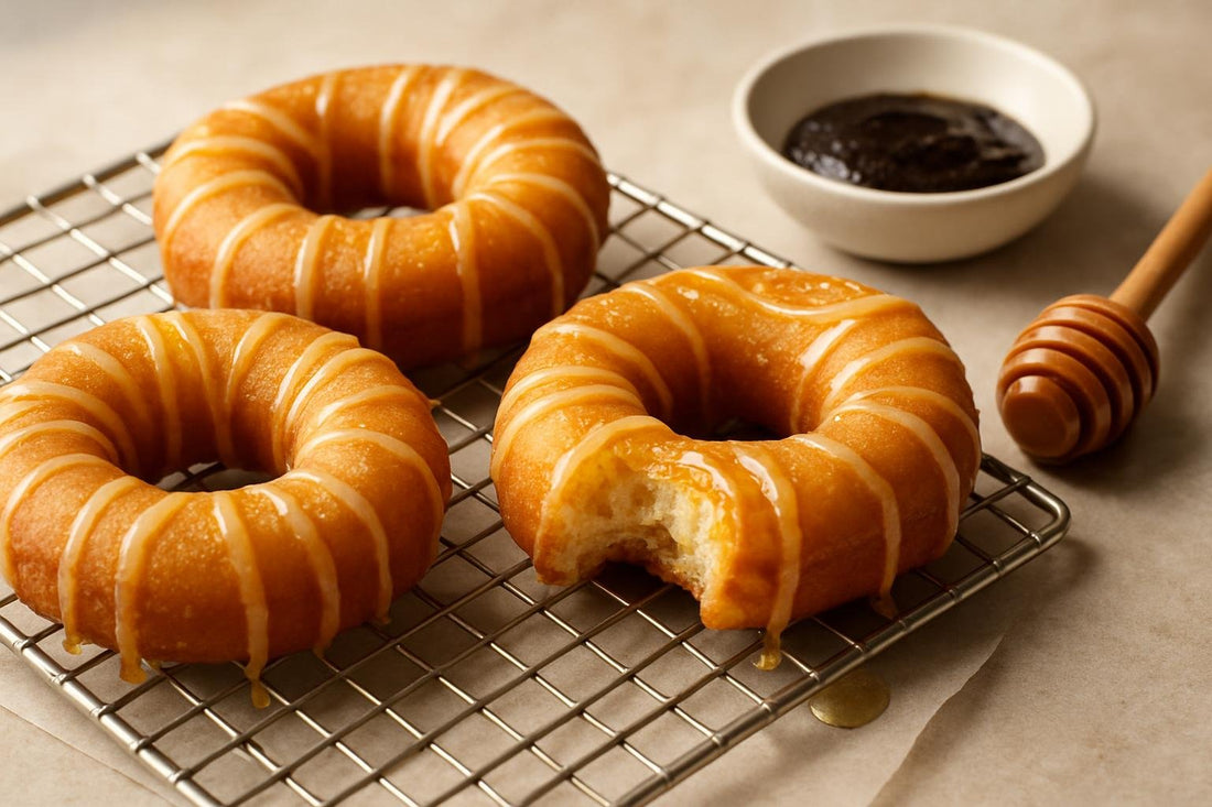 Doughnuts finished with honey vanilla drizzle on a cooling rack