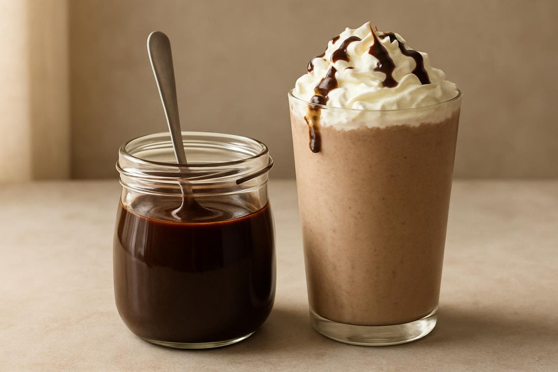 A small glass jar of thick, glossy hot fudge sauce with a spoon, beside a milkshake topped with whipped cream and a drizzle o