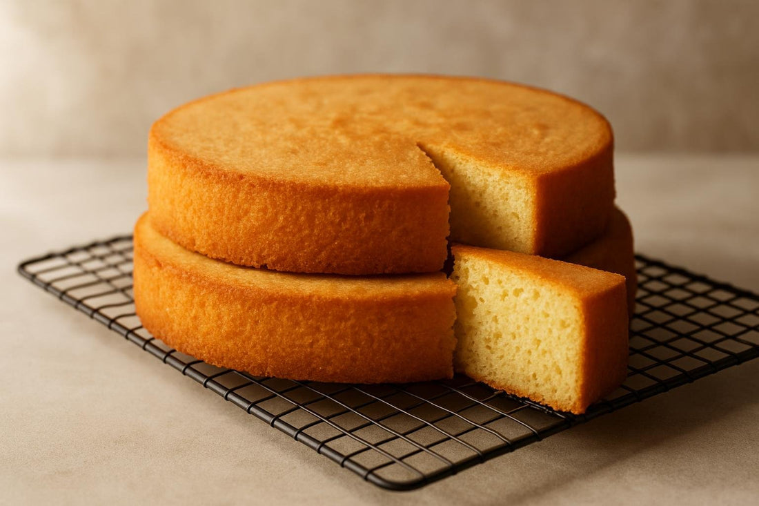 Two bare, level rounds of hot milk sponge cake layers stacked on a cooling rack with one slice cut to show the crumb