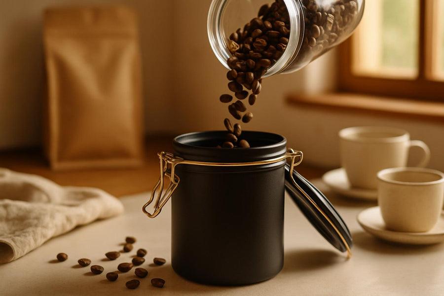 Whole roasted coffee beans stored in an airtight container to preserve freshness after roasting