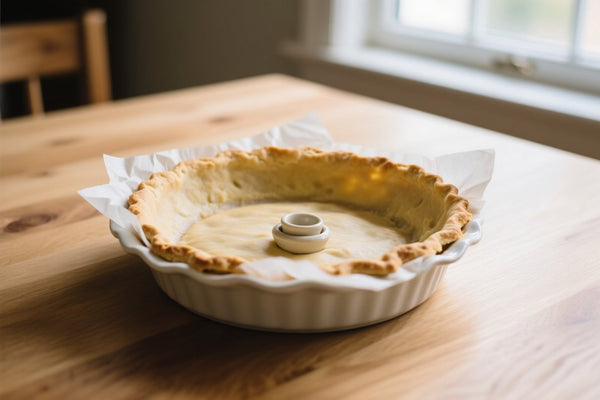 An empty golden blind-baked pie shell lined with parchment in a white pie dish