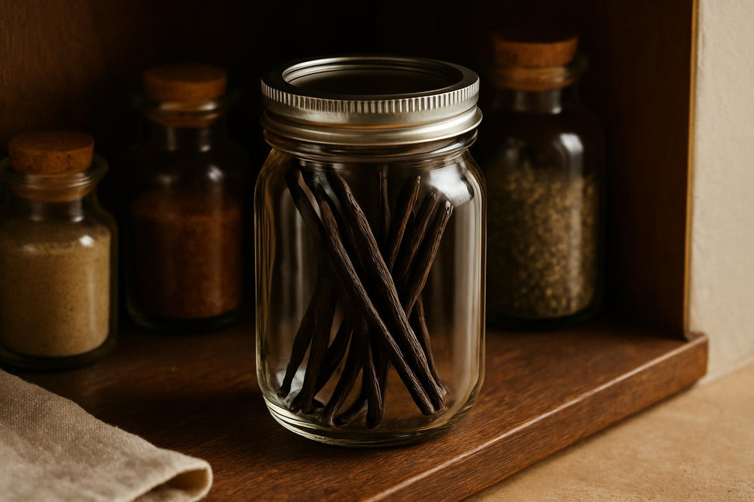 Whole vanilla beans in a clear glass mason jar with metal lid on a dark wood pantry shelf, surrounded by other glass spice