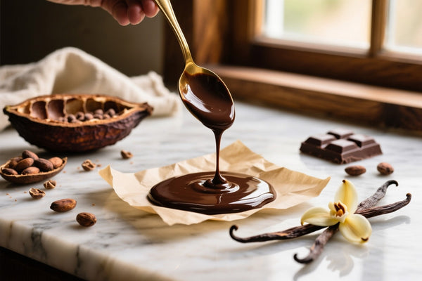 Tempered dark chocolate drizzling onto parchment with vanilla beans on marble surface