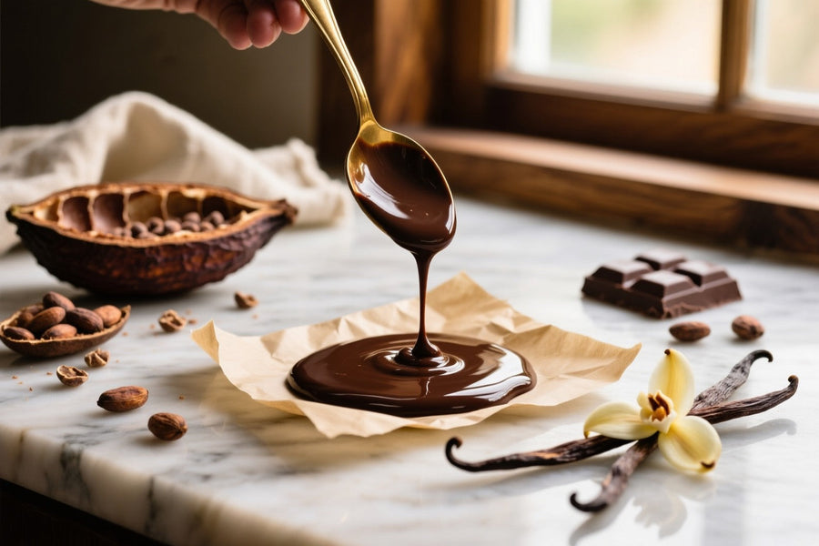 Tempered dark chocolate drizzling onto parchment with vanilla beans on marble surface