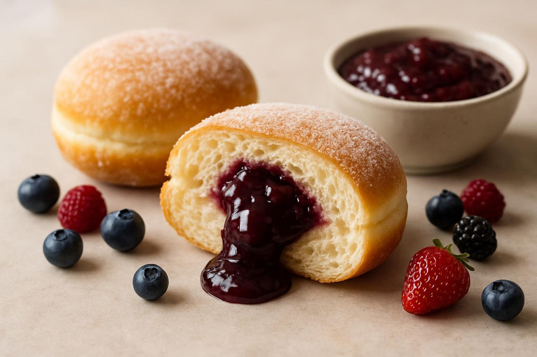 Filled doughnut cut open to show huckleberry jam filling