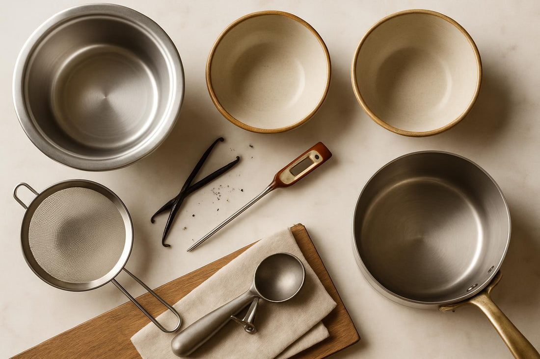 Ice cream maker tools including machine bowl, mixing bowls, strainer, thermometer, saucepan, and scoop with vanilla bean