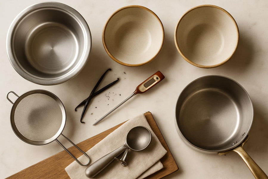 Ice cream maker tools including machine bowl, mixing bowls, strainer, thermometer, saucepan, and scoop with vanilla bean