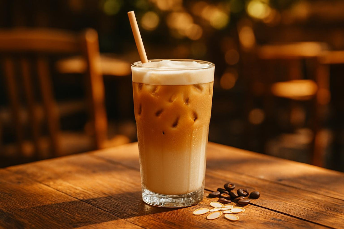Iced Almond Latte in a glass on an oak patio table