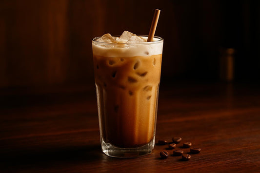 Iced Brown Sugar Latte in a glass on an oak bar