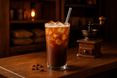 Iced Café Cubano in a glass on an oak bar
