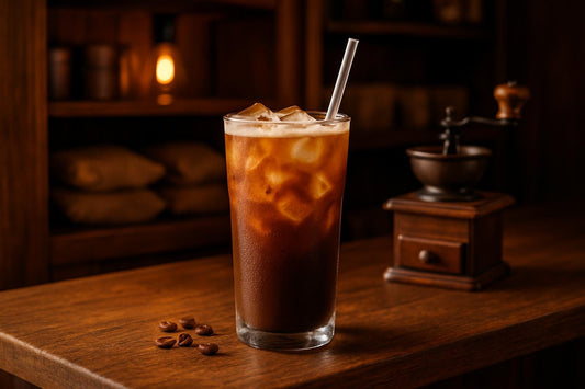 Iced Café Cubano in a glass on an oak bar