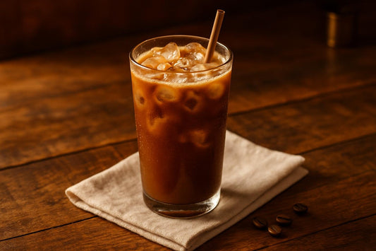 Iced Café de Olla in a glass on an oak table