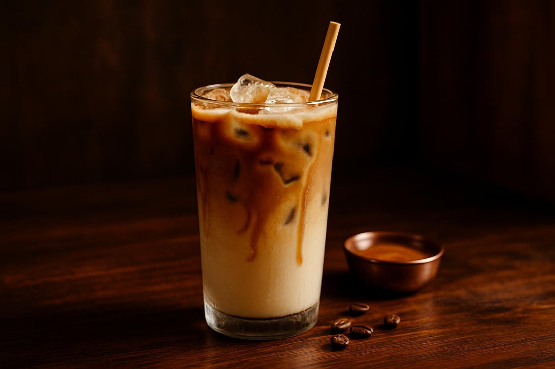 Iced Caramel Latte in a glass on an oak bar