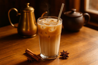 Iced Chai Latte in a glass on an oak café counter