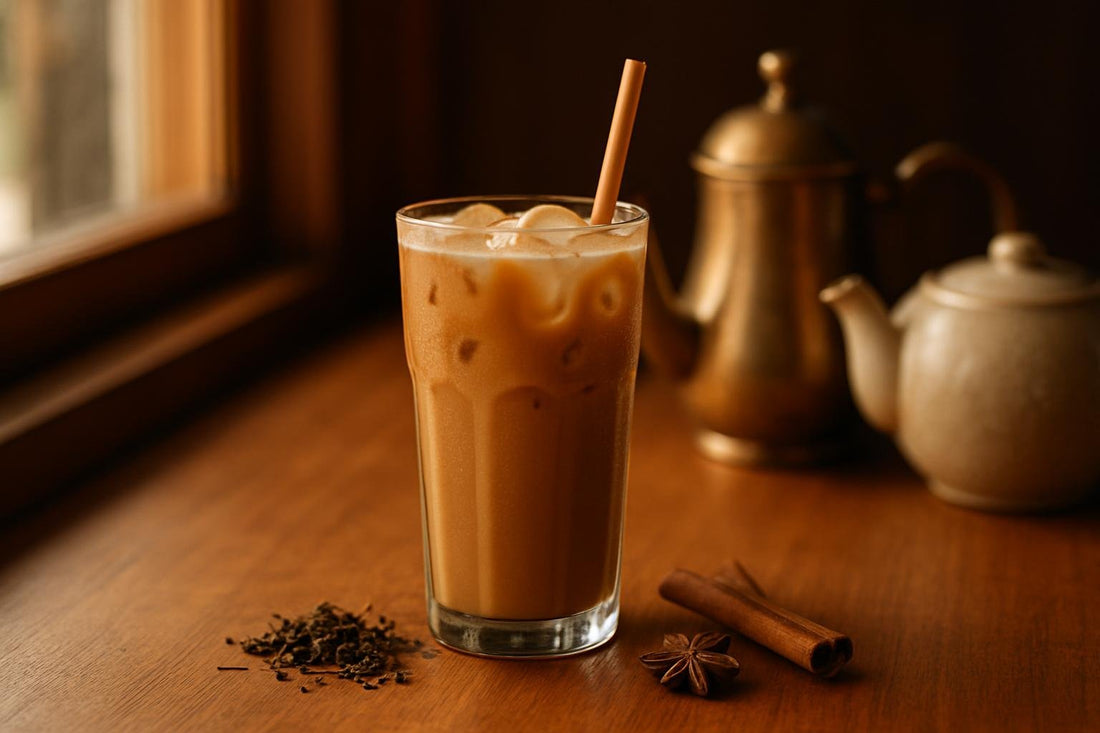 Iced Chai in a glass on an oak café counter