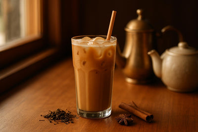 Iced Chai in a glass on an oak café counter